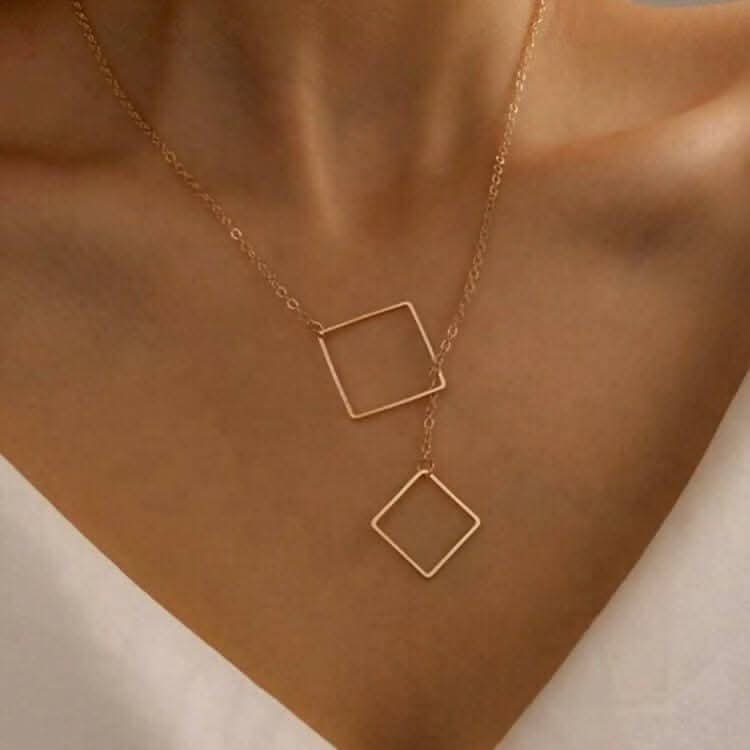 Pinapes Gorgeous Gold Plated Square in Square Y-Shaped Pendant Necklace for Women and Girls - Image 2
