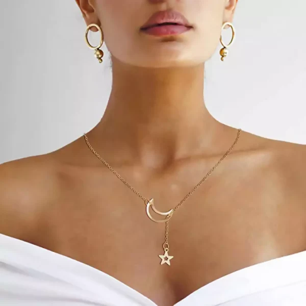 Pinapes Pretty Gold Plated Star in Moon Y-Shaped Pendant Necklace for Women and Girls - Image 2