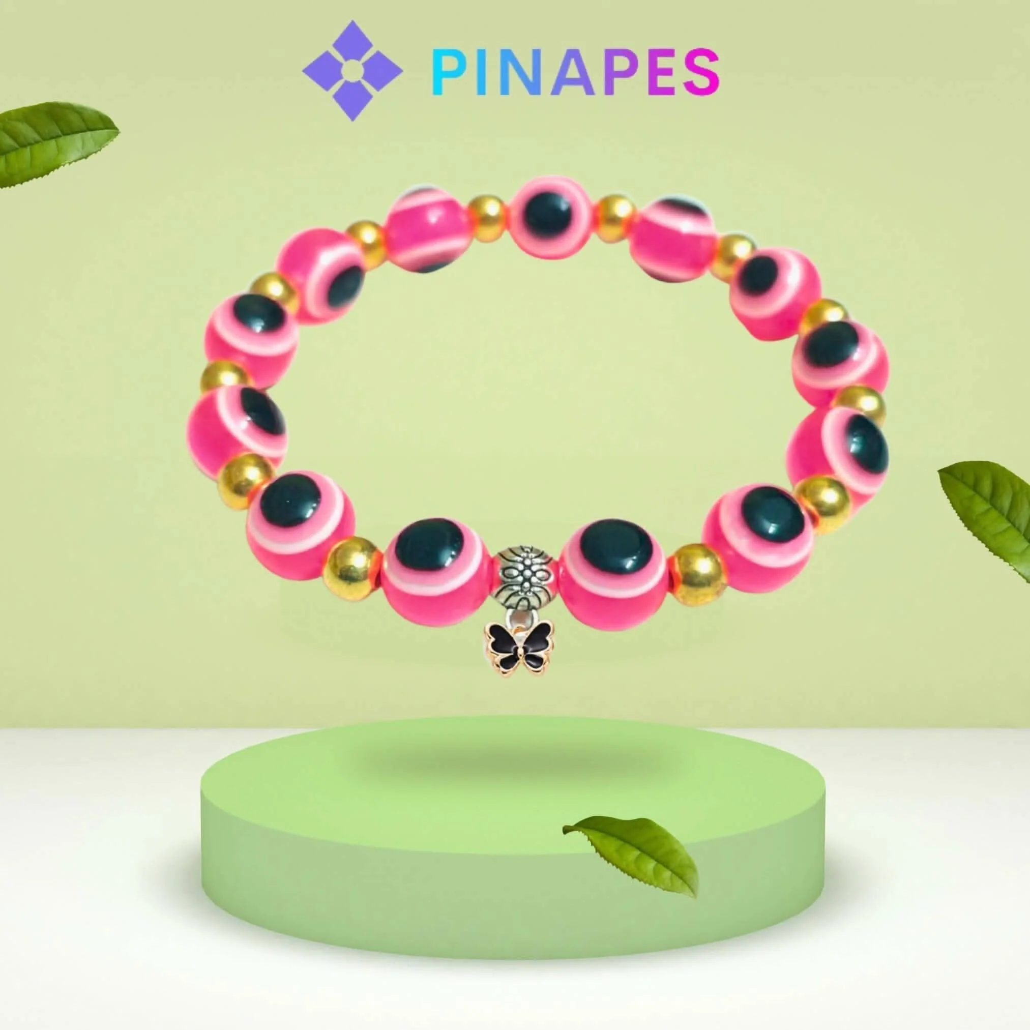 Pinapes Stunning Beaded Bracelet with Butterfly Pendent (Pink)