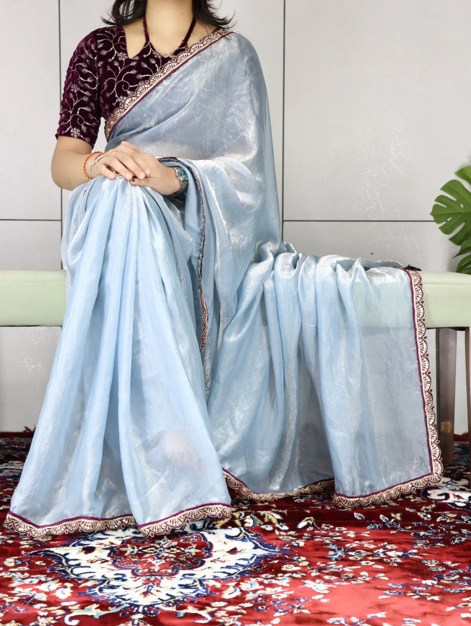 Premium Fendy Silk Saree With Unstitch Velvet Blouse - Image 12