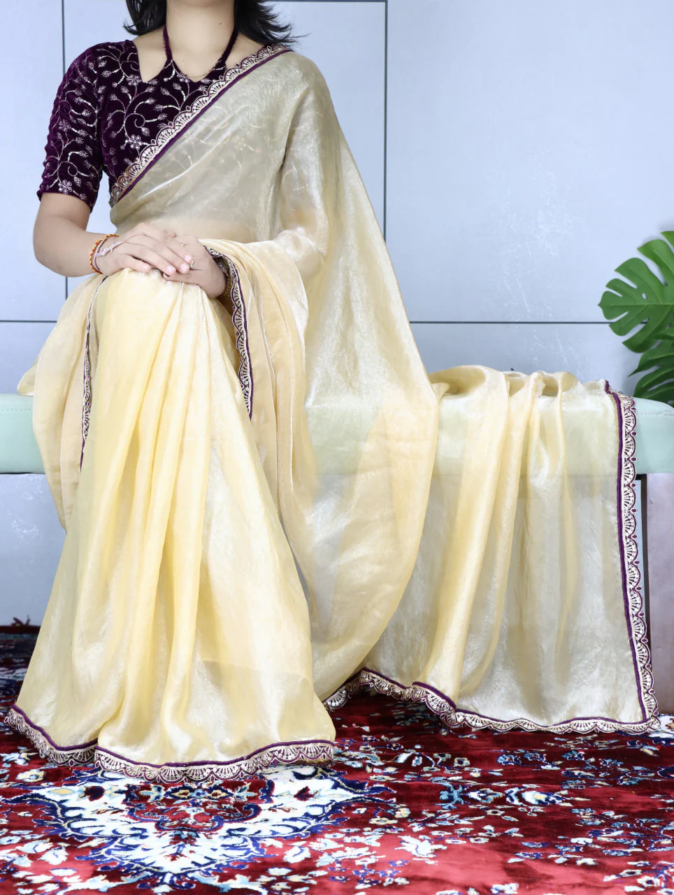 Premium Fendy Silk Saree With Unstitch Velvet Blouse - Image 9