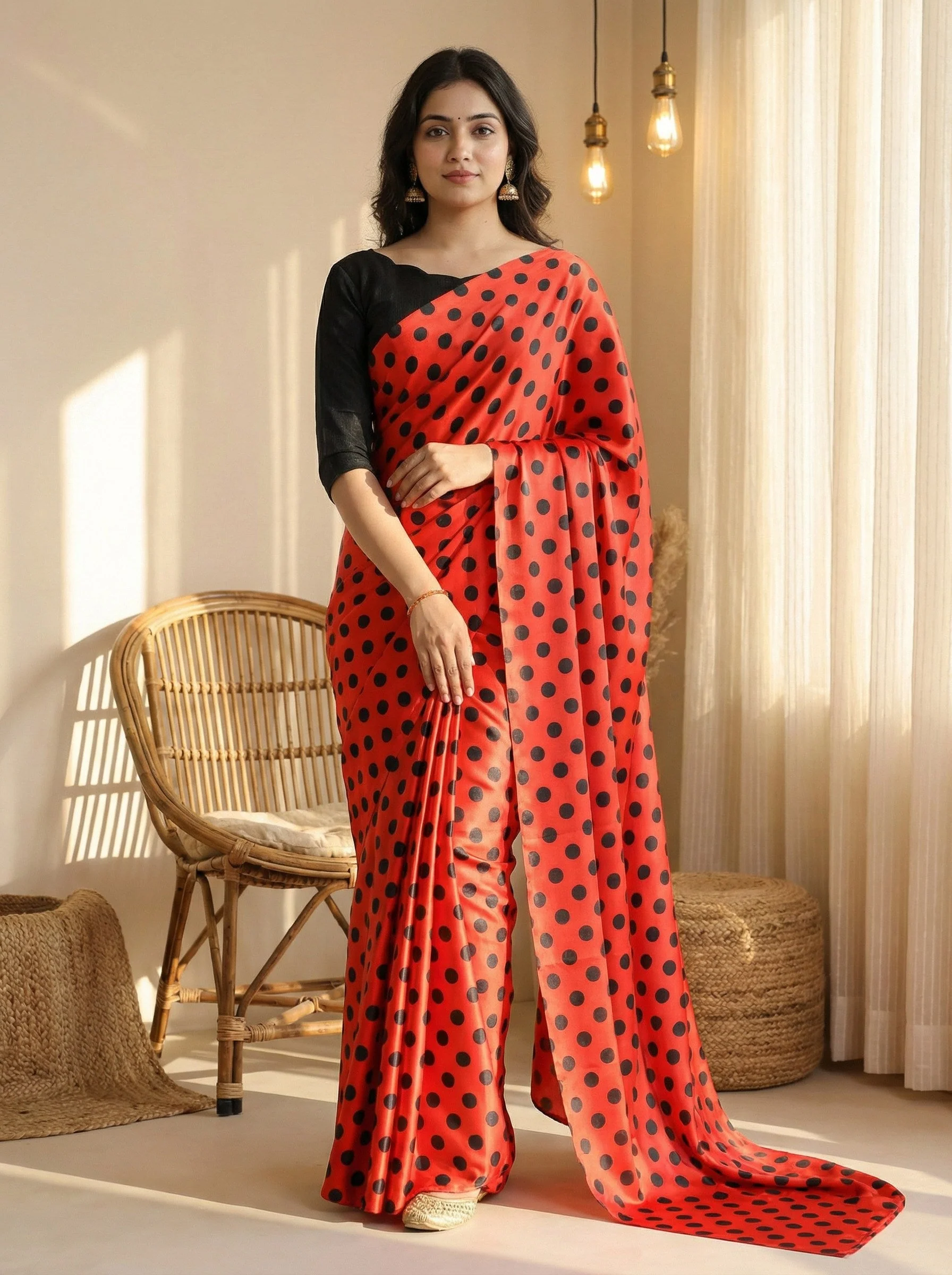 Pure Satin Sarees in Polka Dot prints With Plain Blouse - Image 2