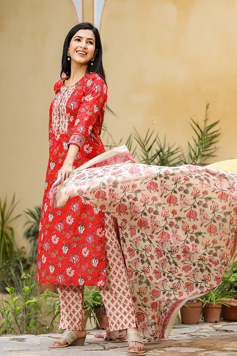 Red Rayon Blend Floral Printed Suit Set - Image 5