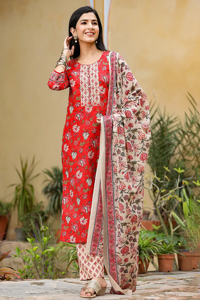 Red Rayon Blend Floral Printed Suit Set - Image 6