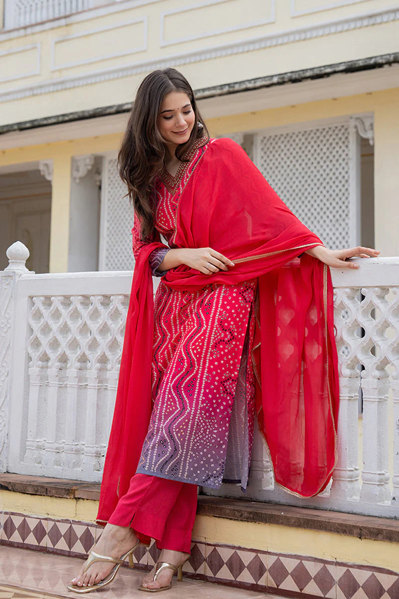 Red Rayon Blend Bandhani Printed Straight Trouser Bottom Suit Set - Image 6