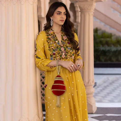 Royal Red Velvet Potli – Handcrafted Bridal & Festive Purse with Gold Embellishments - Image 2