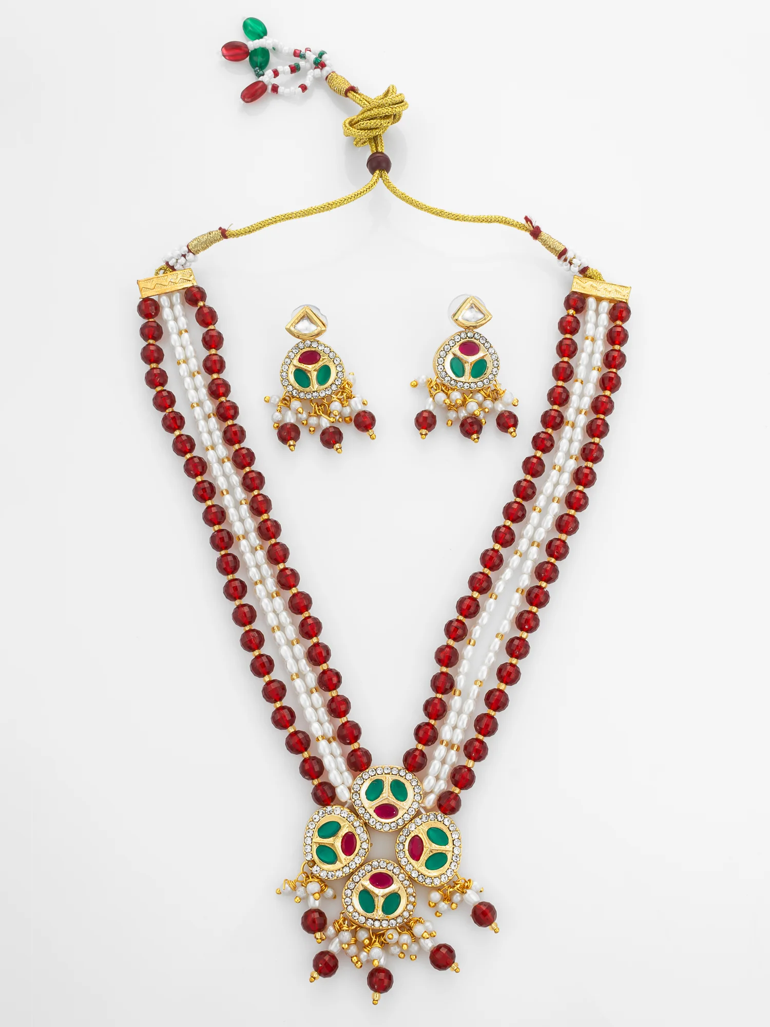 Ruby Red and Pearl Multi-Strand Kundan Long Necklace Set