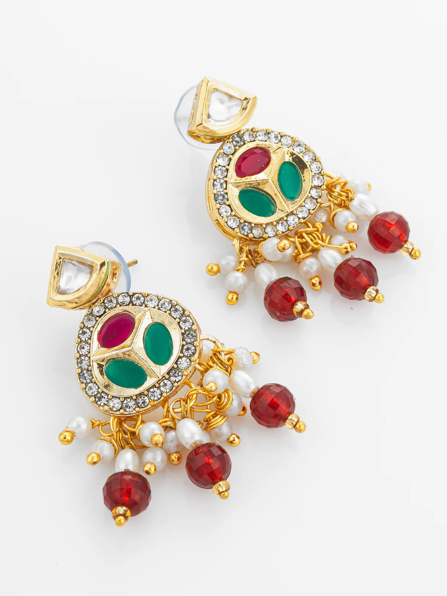 Ruby Red and Pearl Multi-Strand Kundan Long Necklace Set - Image 2
