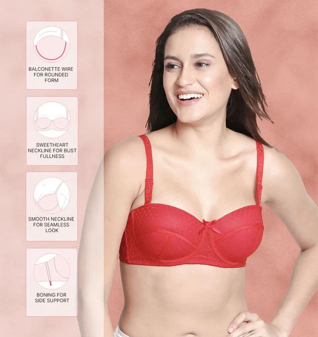 Susie Half Coverage Hot Red Lace Overlay Adjustable, Detachable, MultiwayPadded Balconette Bra - Image 3
