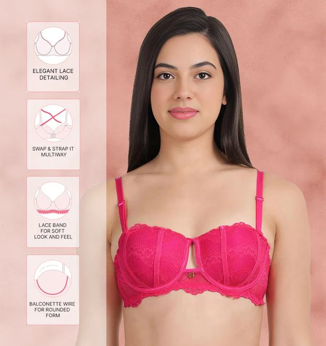 Susie Half Coverage Fandango Pink Lace Adjustable, MultiwayPadded Balconette Bra - Image 3