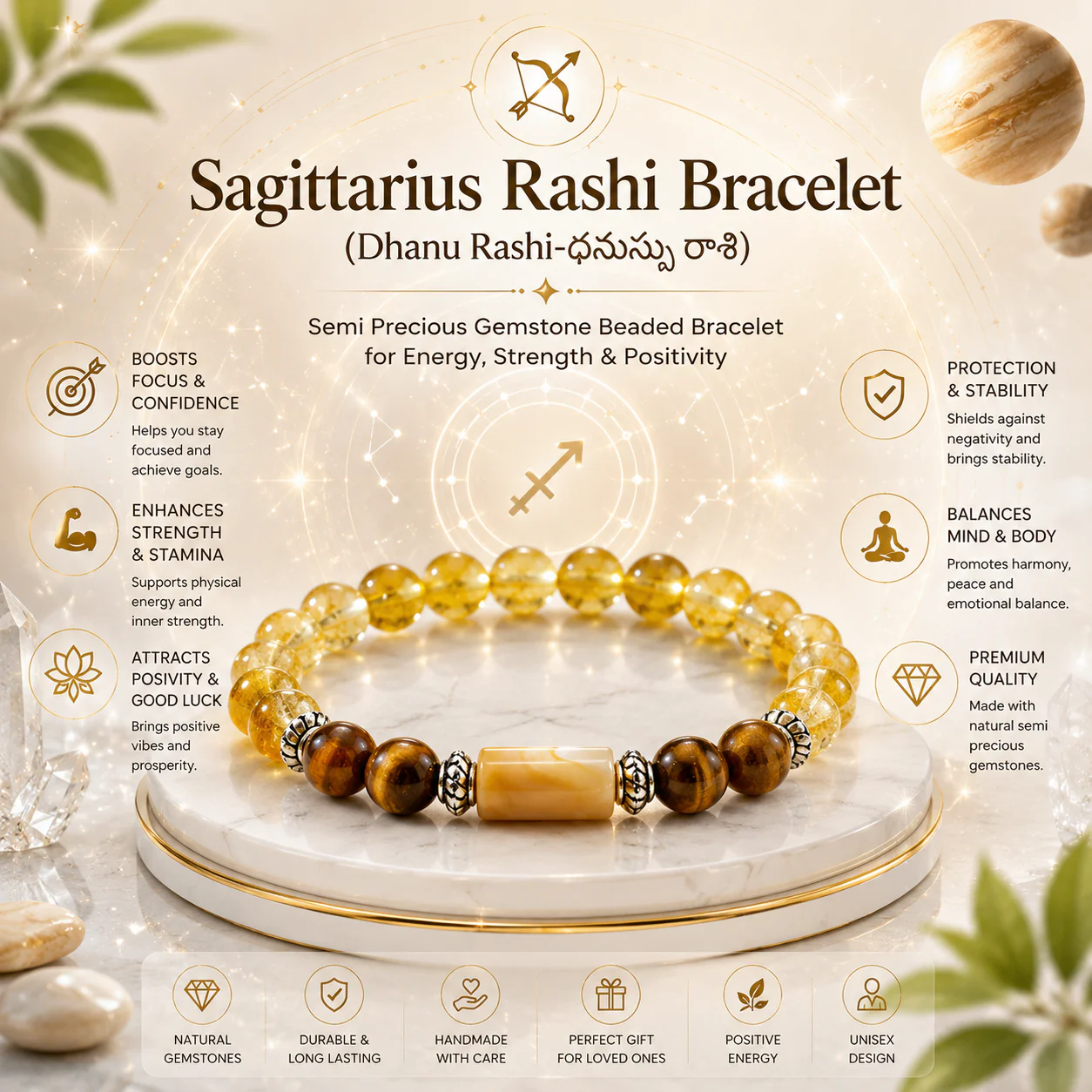 Sagittarius Rashi Bracelet (Dhanu Rashi-ధనుస్సు రాశి)– Semi Precious Gemstone Beaded Bracelet for Energy, Strength & Positivity - Image 3