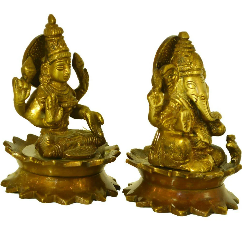 Santarms Brass Goddess Laxmi & Lord Ganesh Idol on Lotus Flower - Image 4