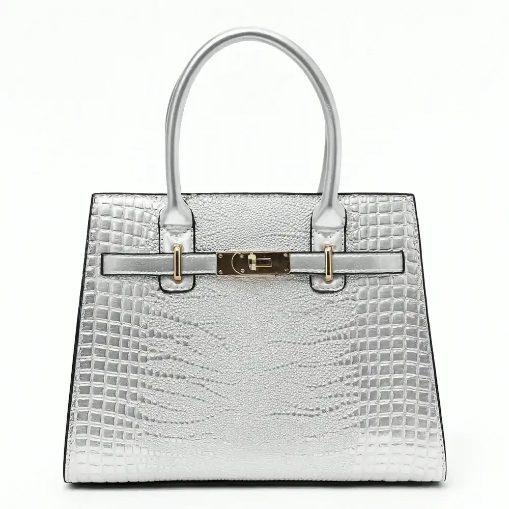 Silver Crocodile Textured Handbag - Image 9