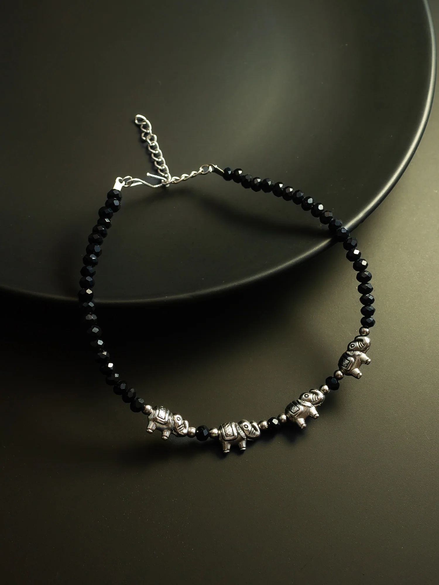 Silver Plated Elephant Charm Black Beaded Adjustable Anklet for Women & Girls - Image 2