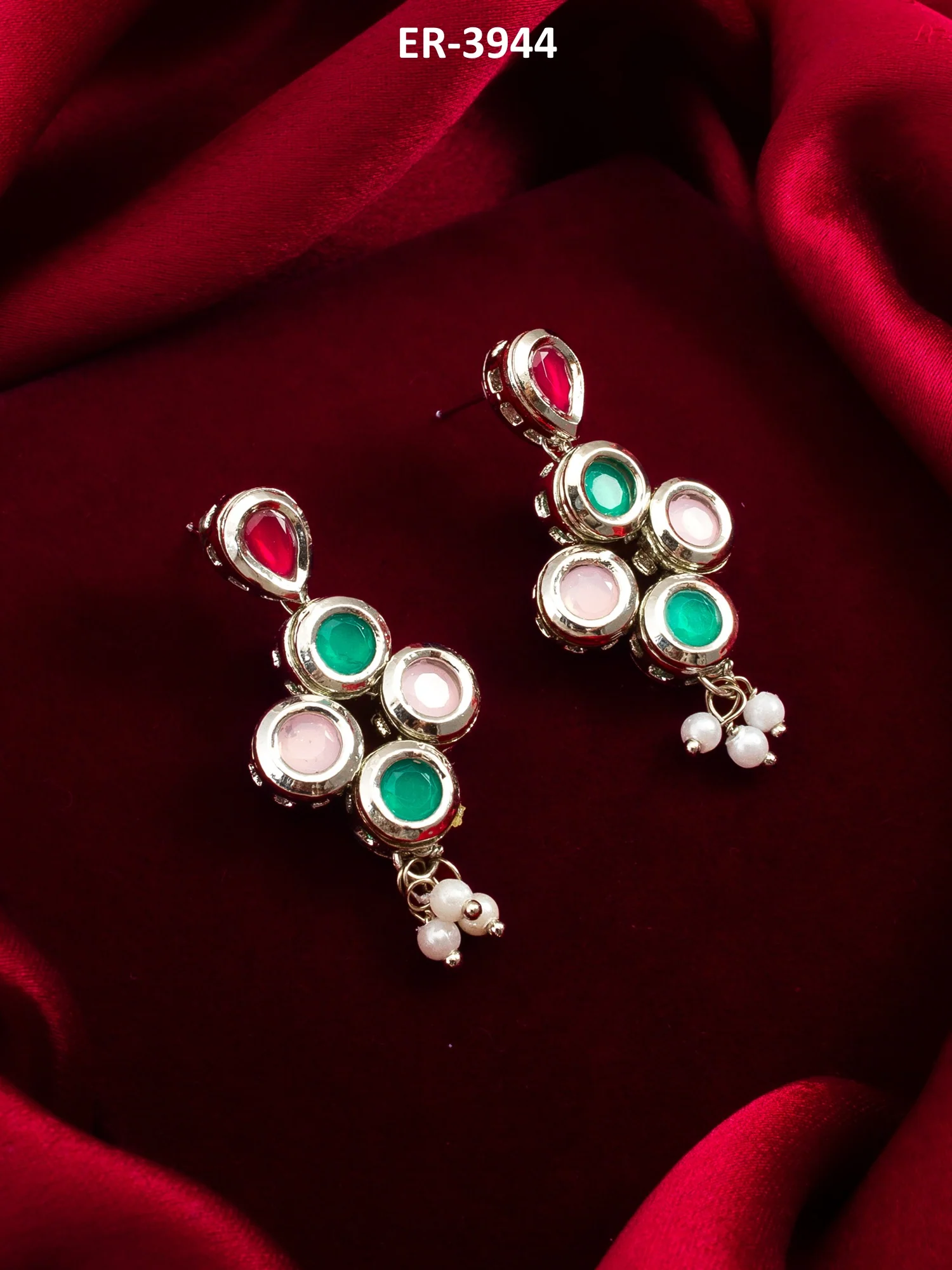 Silver Plated Multi-Color Drop Earrings with Pearl - Image 5