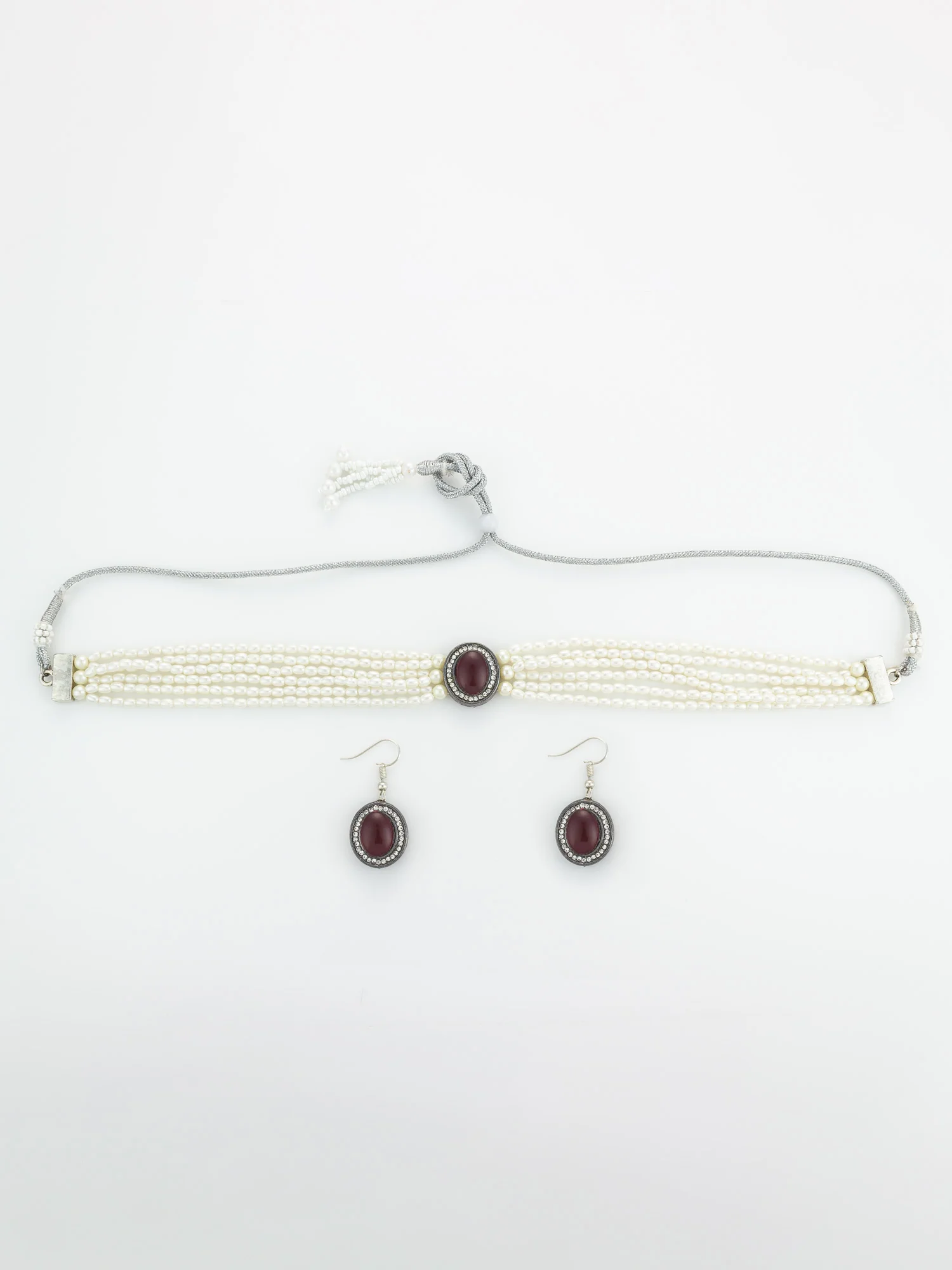 Silver Plated Pearl Choker Set with Maroon Stone