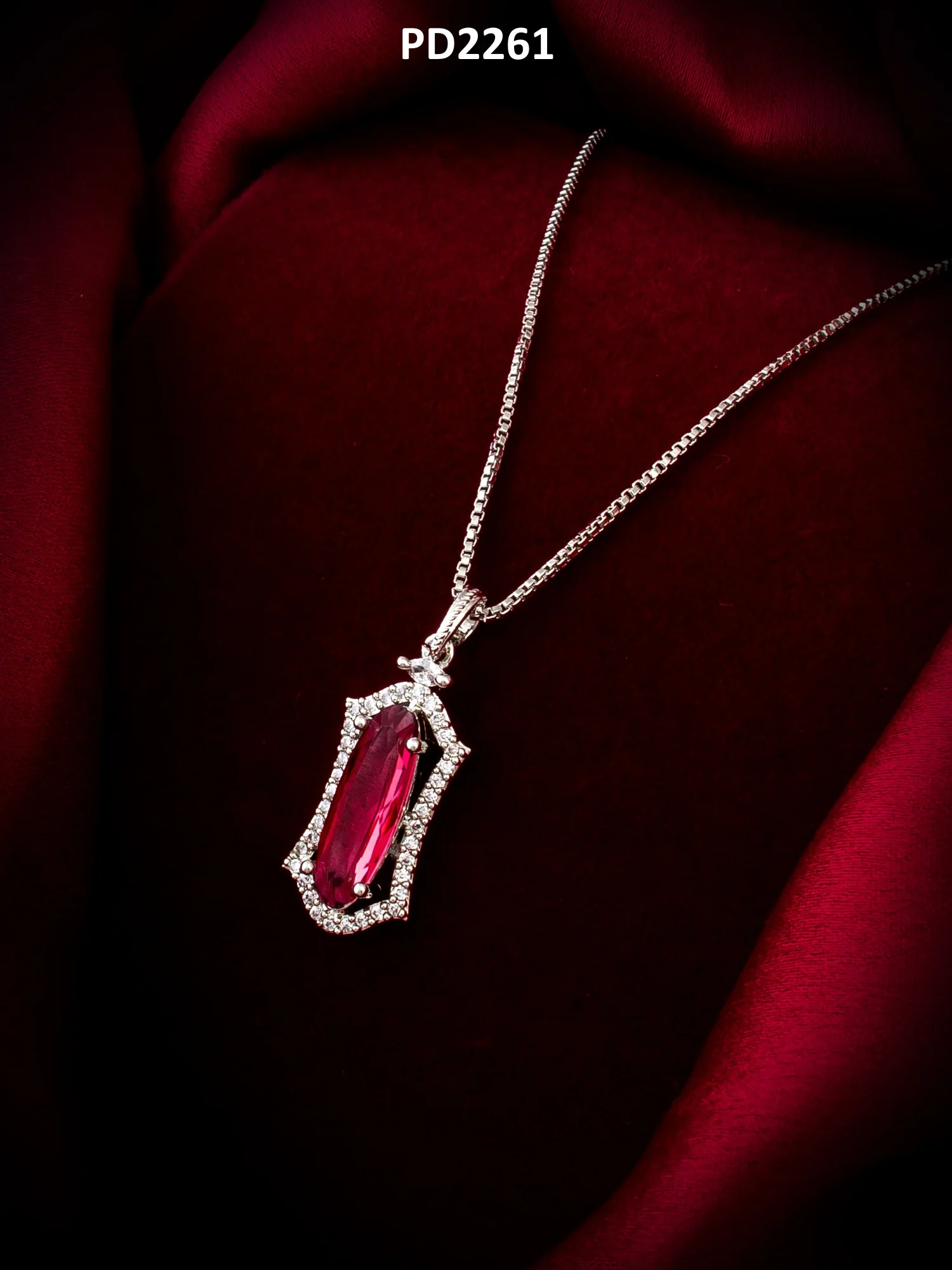 Silver-Plated Red Stone Designer Pendant Chain for Women & Girls - Image 4