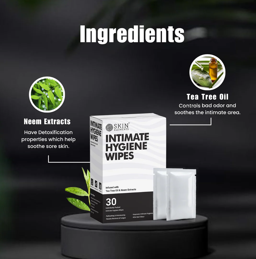 Skin Elements Intimate Hygiene Unisex Wipes | Pack of 30 Individually Wrapped Wipes | pH-Balanced with Tea Tree Oil | Controls Bad Odor | Travel-Friendly & Gentle Cleansing for Daily Freshness - Image 2