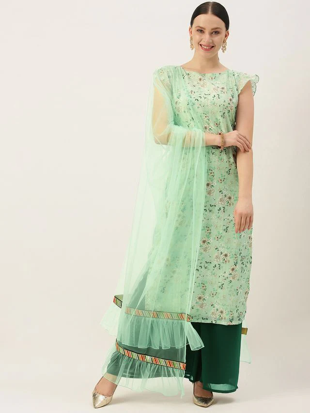 Bollywood Vogue Ready To Wear Green Muslin Print N Green Georgette palazzo Suit