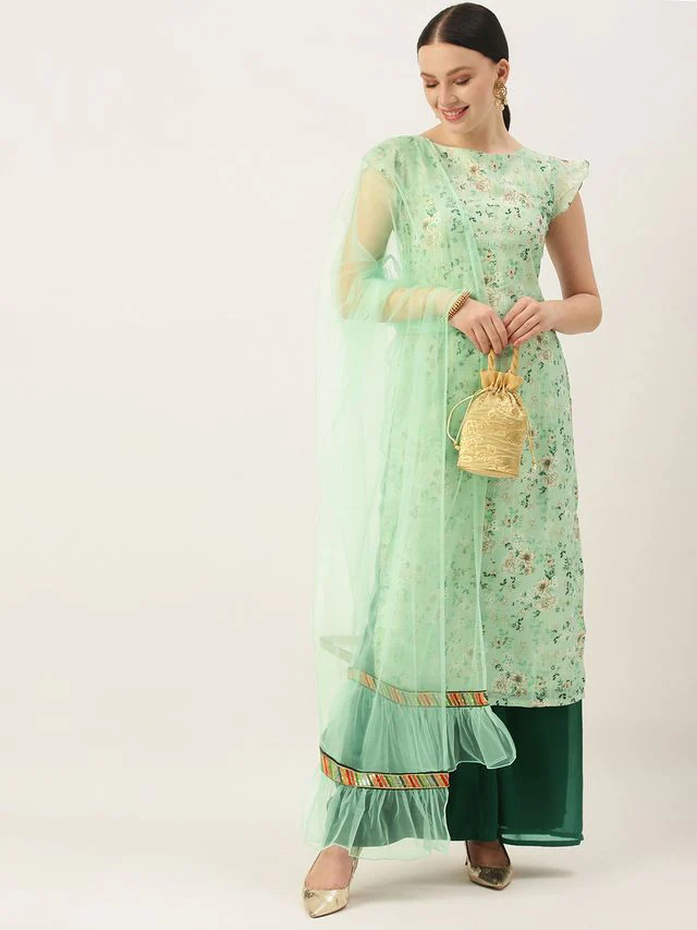 Bollywood Vogue Ready To Wear Green Muslin Print N Green Georgette palazzo Suit - Image 3