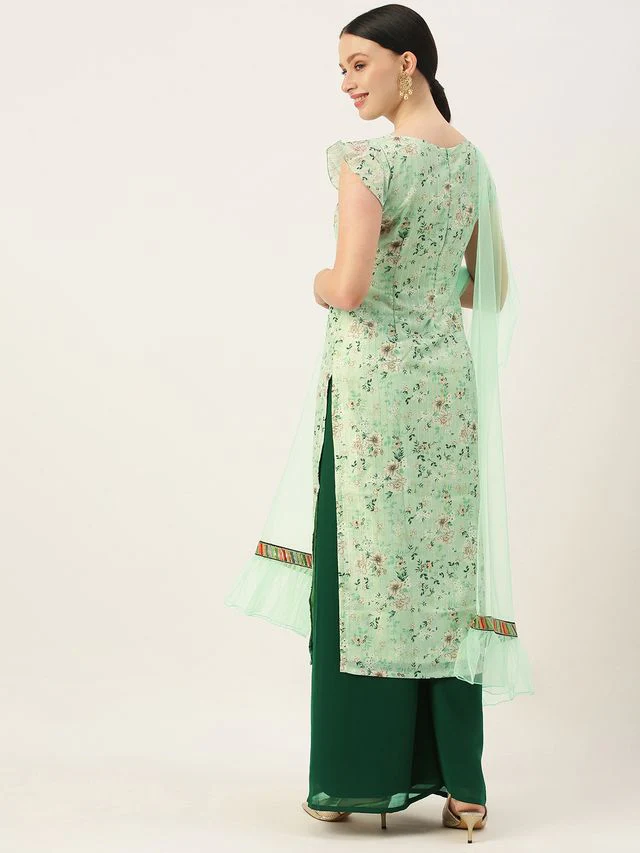 Bollywood Vogue Ready To Wear Green Muslin Print N Green Georgette palazzo Suit - Image 7