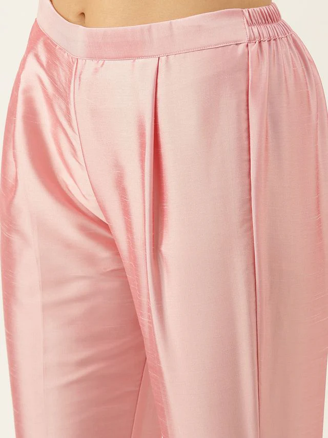Bollywood Vogue Ready To Wear Pink Art Silk N Off White Organza Straight Suit - Image 3