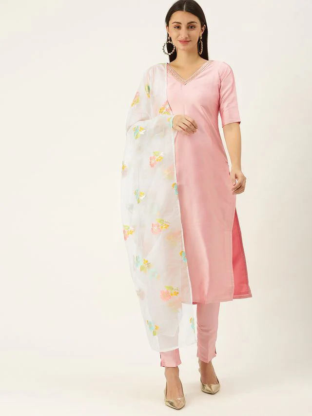 Bollywood Vogue Ready To Wear Pink Art Silk N Off White Organza Straight Suit - Image 4