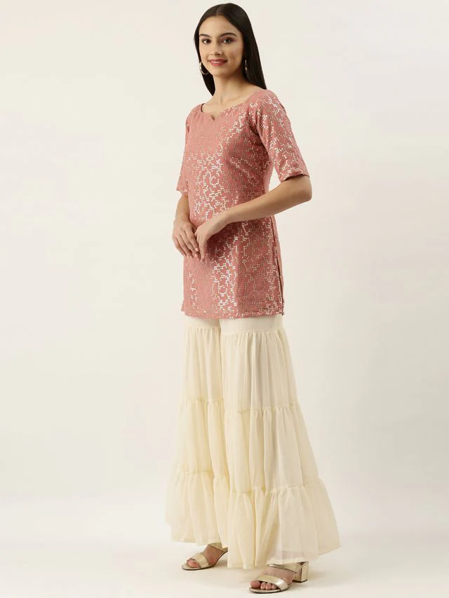 Bollywood Vogue Ready To Wear Pink N Off White Embroidered Sharara Suit - Image 2