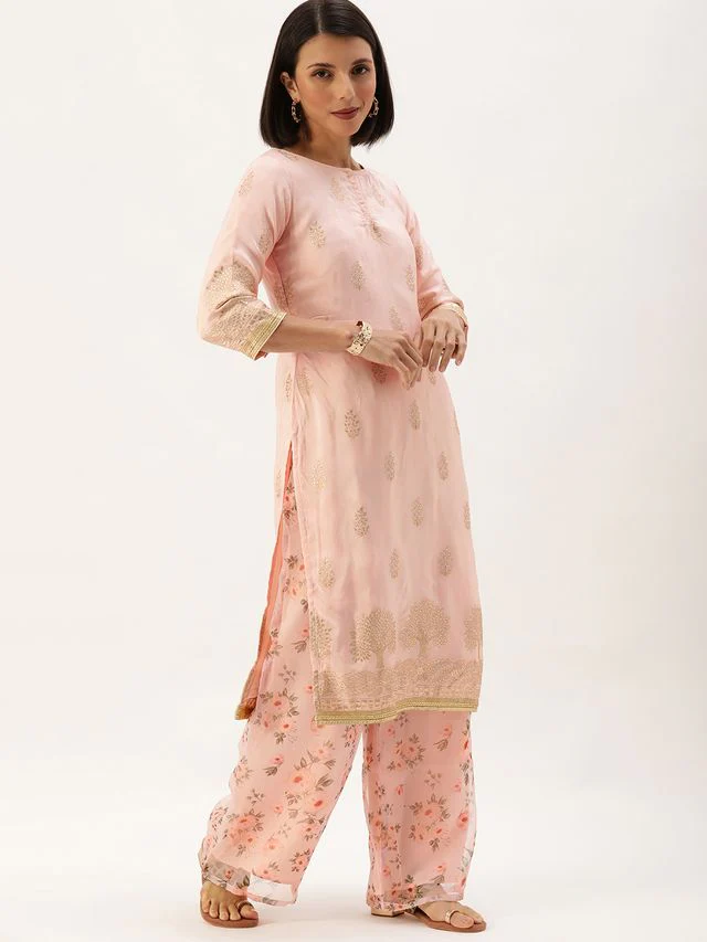 Bollywood Vogue Ready To Wear Pink Jacquard Kurti With Printed Pant N Dupatta - Image 3