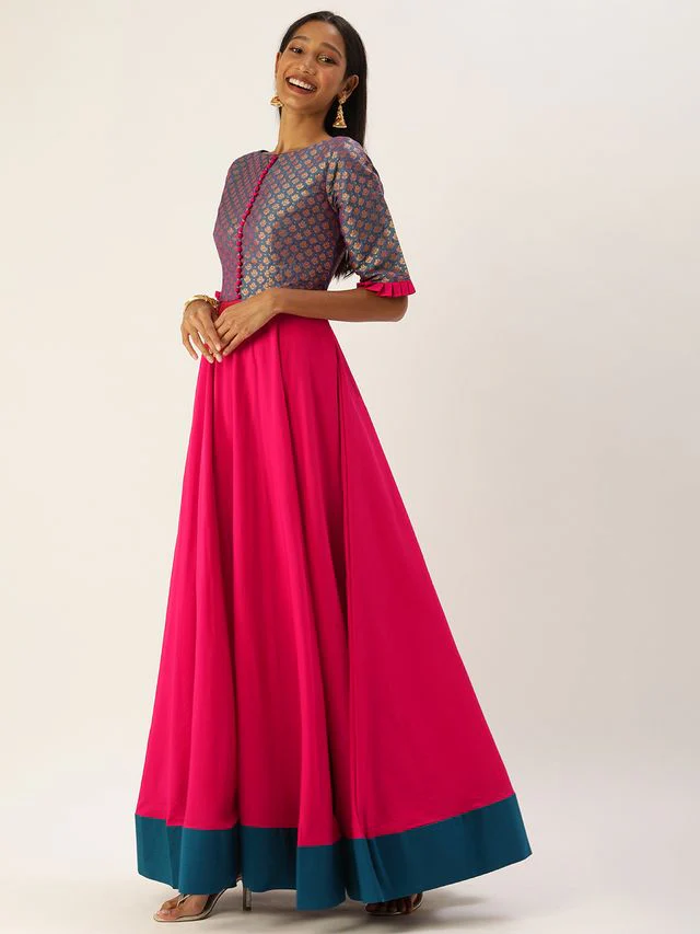 Bollywood Vogue Ready To Wear Blue Jacquard Art Silk Anarkali Suit - Image 4