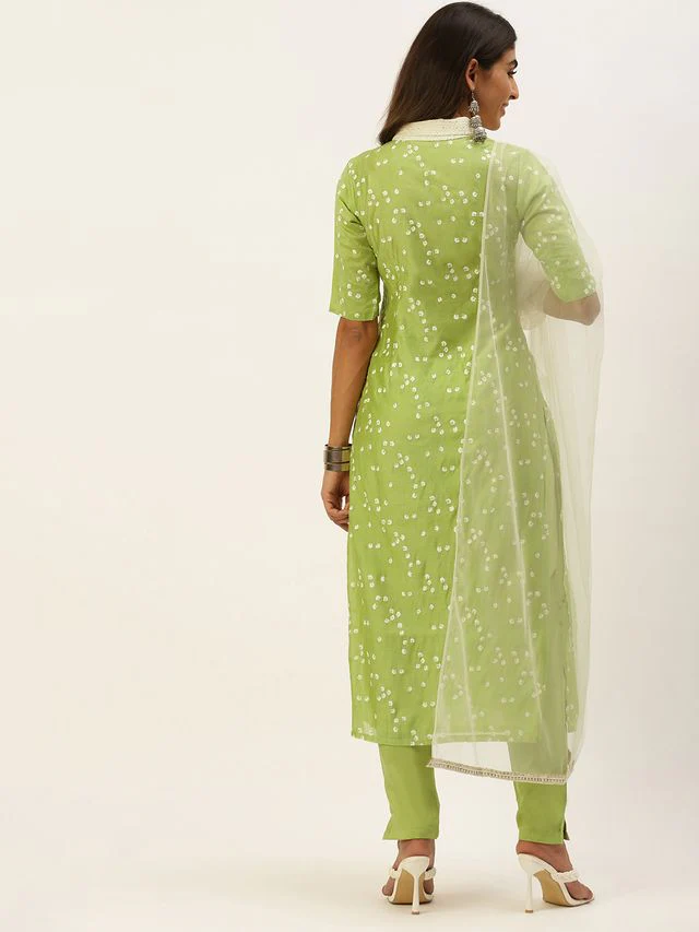 Bollywood Vogue Ready To Wear Green Cotton Foil Printed Narrow Straight Pant Suit - Image 6