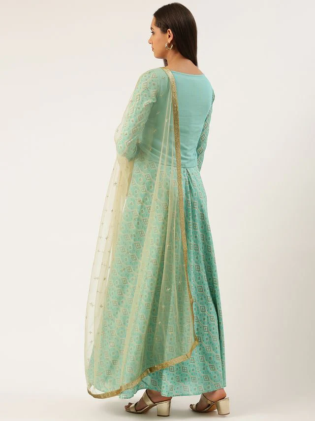 Bollywood Vogue Ready To Wear Blue Printed Jacket Anarkali Suit - Image 5