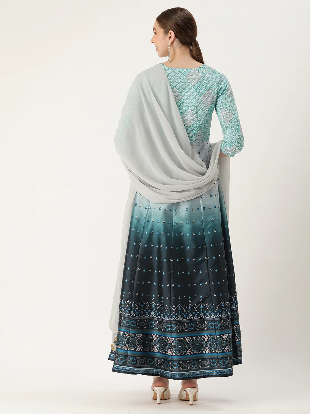 Bollywood Vogue Ready To Wear Blue Printed Kali N Multicolored Embroidered Anarkali Suit - Image 7
