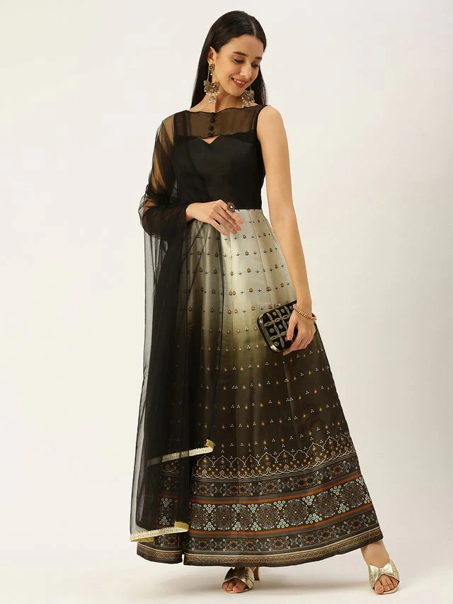Bollywood Vogue Ready To Wear Black N Green Taffeta Printed Anarkali Suit