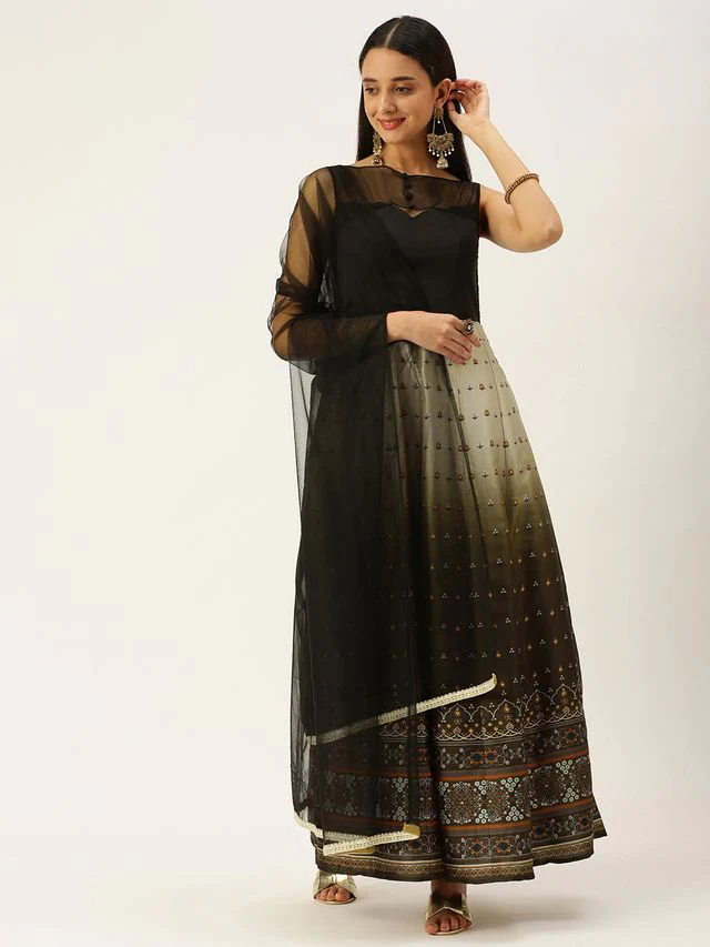 Bollywood Vogue Ready To Wear Black N Green Taffeta Printed Anarkali Suit - Image 3