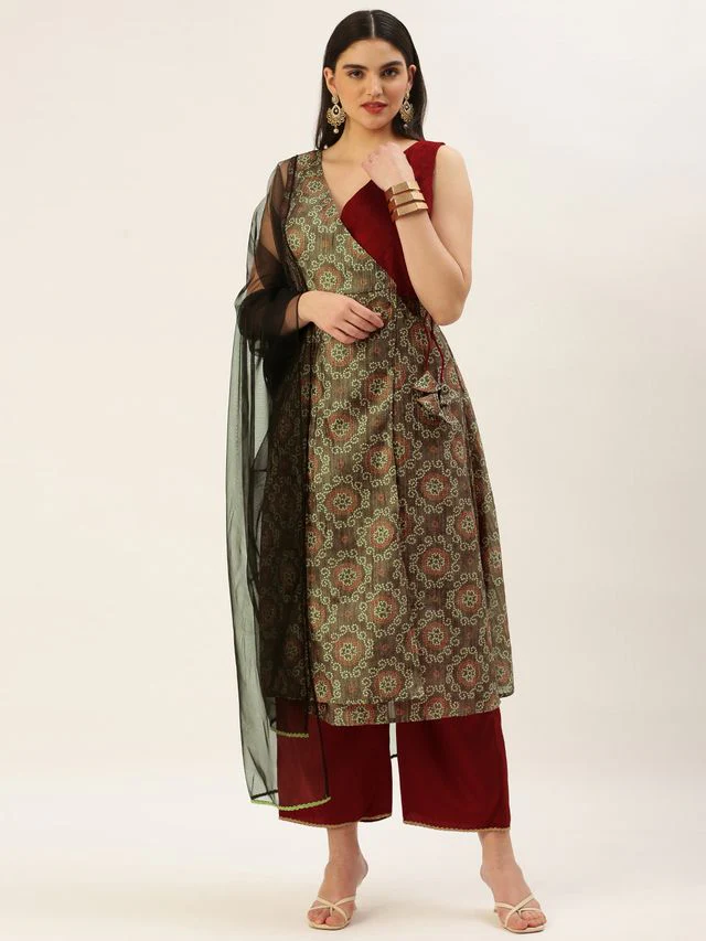 Bollywood Vogue Ready To Wear Maroon N Grey Printed Art Silk Anarkali Set
