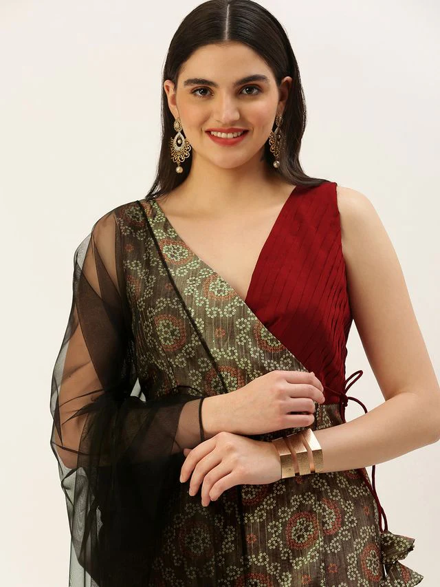 Bollywood Vogue Ready To Wear Maroon N Grey Printed Art Silk Anarkali Set - Image 2