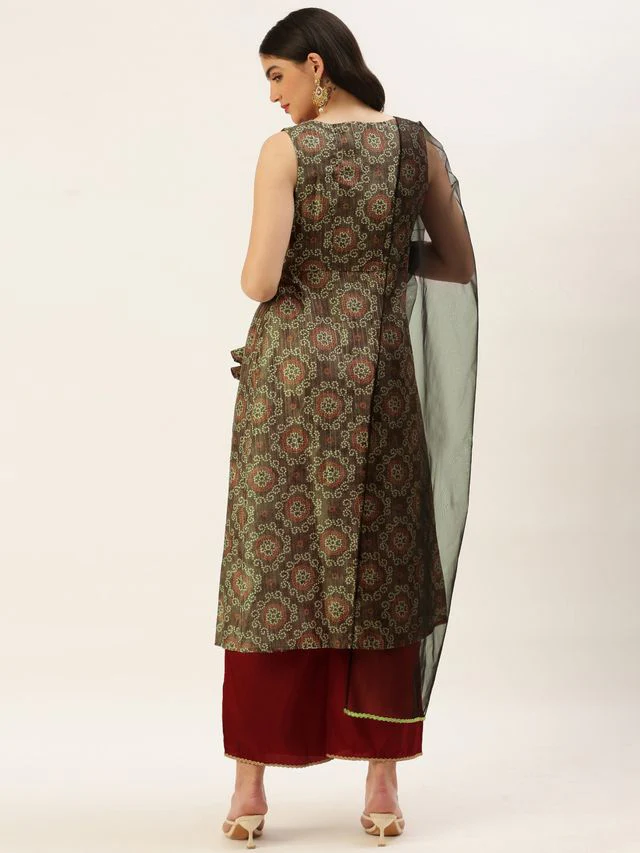 Bollywood Vogue Ready To Wear Maroon N Grey Printed Art Silk Anarkali Set - Image 7