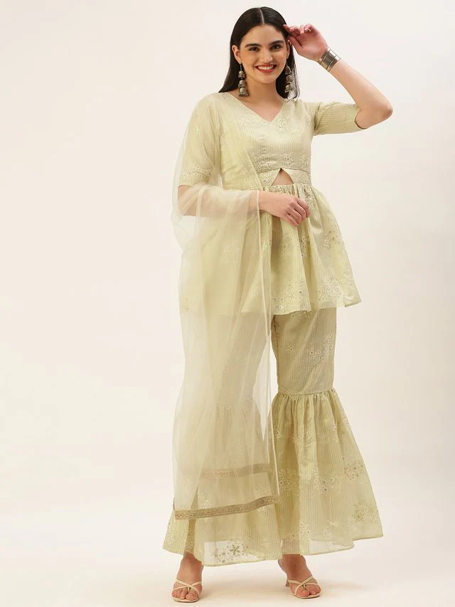 Bollywood Vogue Ready To Wear Beige Art Silk Embroidered Gharara Set