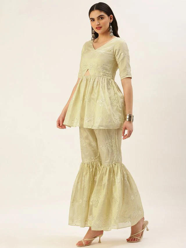 Bollywood Vogue Ready To Wear Beige Art Silk Embroidered Gharara Set - Image 2