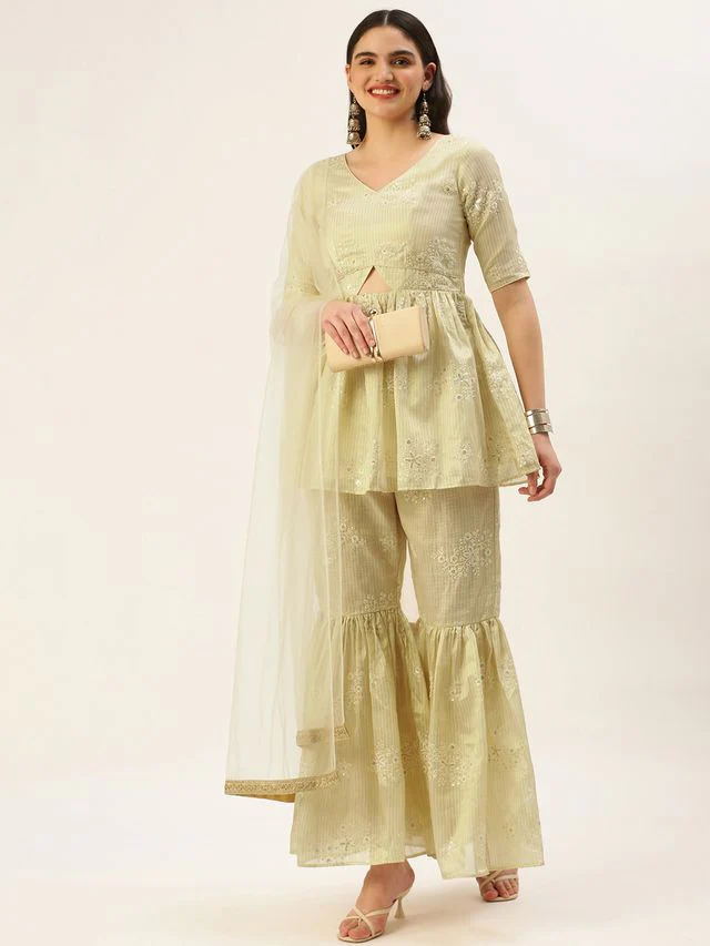 Bollywood Vogue Ready To Wear Beige Art Silk Embroidered Gharara Set - Image 3