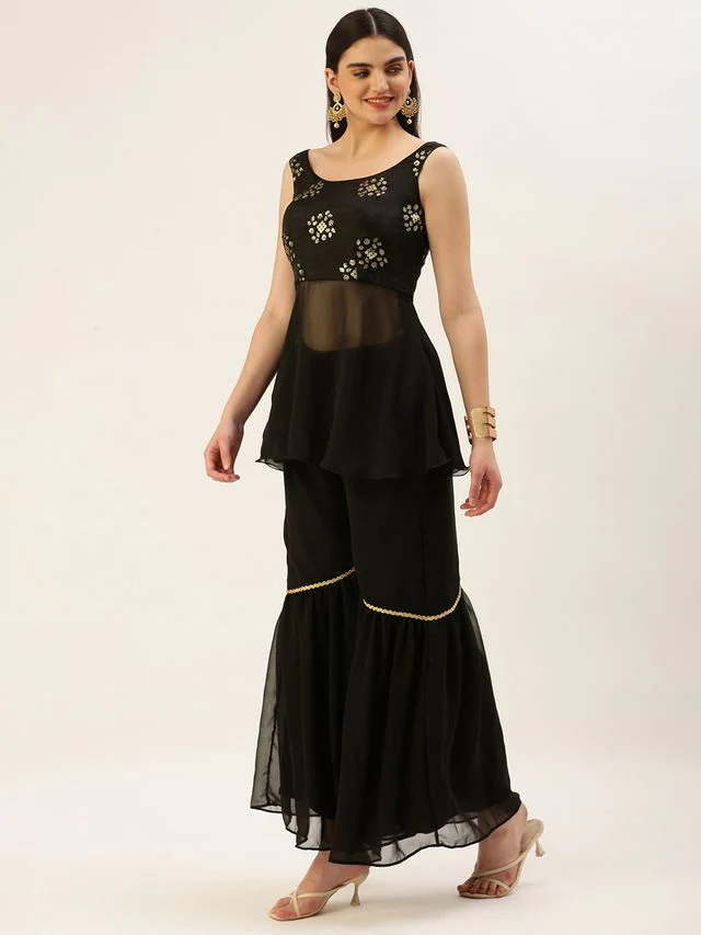 Bollywood Vogue Ready To Wear Dark Grey Georgette Embroidered Gharara Suit - Image 3