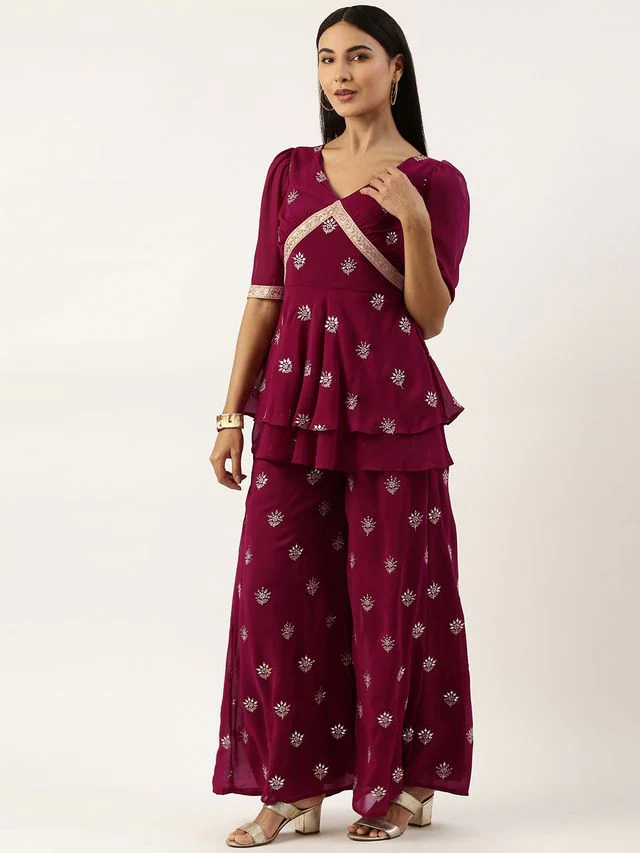 Bollywood Vogue Ready To Wear Magenta Georgette Embroidered Palazzo Suit - Image 2