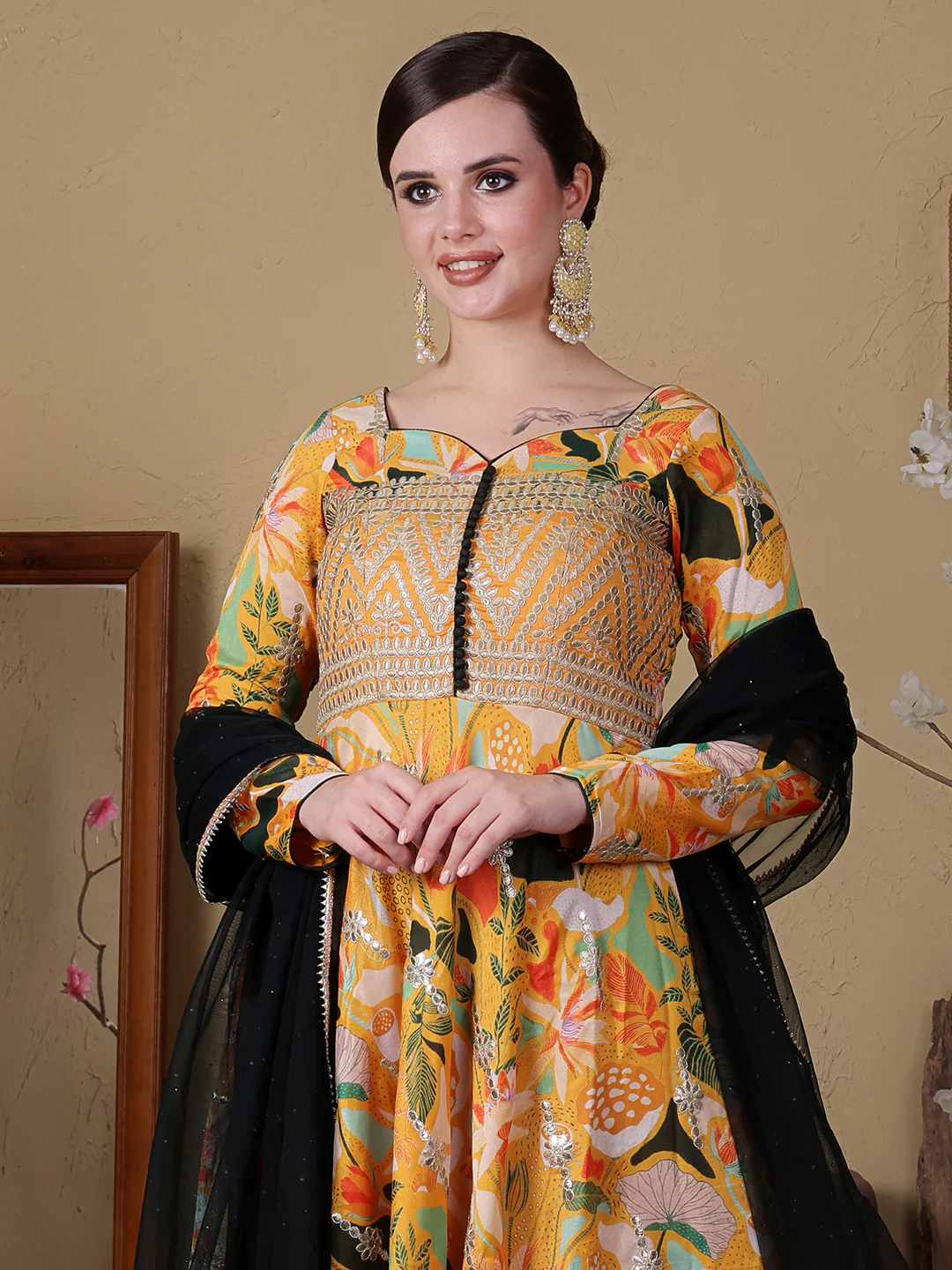 Bollywood Vogue Ready To Wear Green N Yellow Art Silk Embroidered Anarkali Suit - Image 3