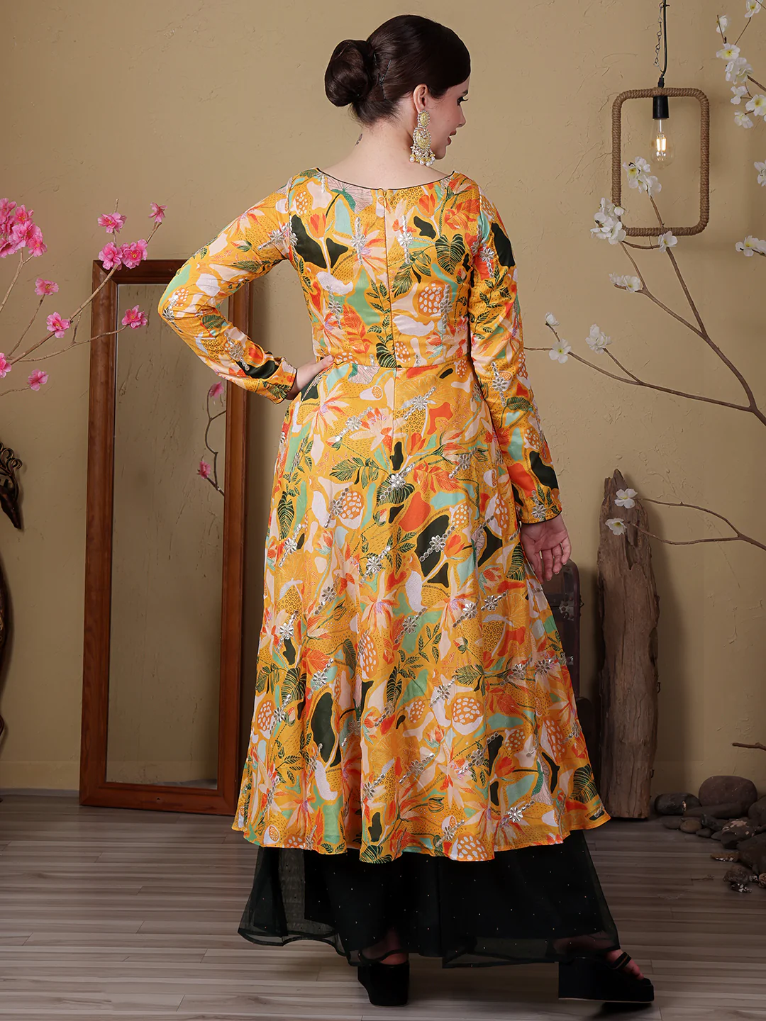 Bollywood Vogue Ready To Wear Green N Yellow Art Silk Embroidered Anarkali Suit - Image 5
