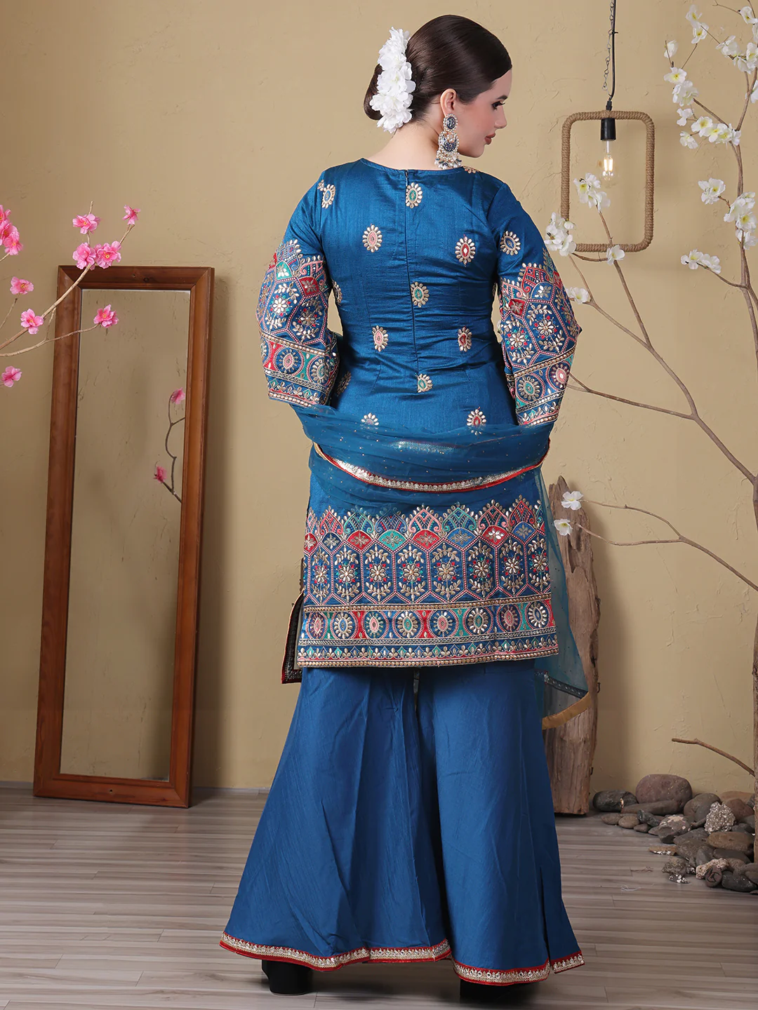 Bollywood Vogue Ready To Wear Blue Art Silk Embroidered Gharara Set - Image 5