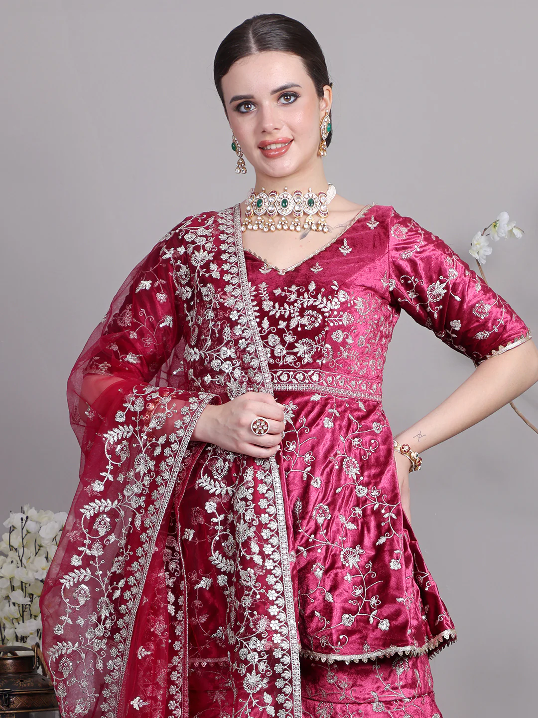 Bollywood Vogue Ready To Wear Classic Top With Velvet Embroidered Sharara Suit - Image 3