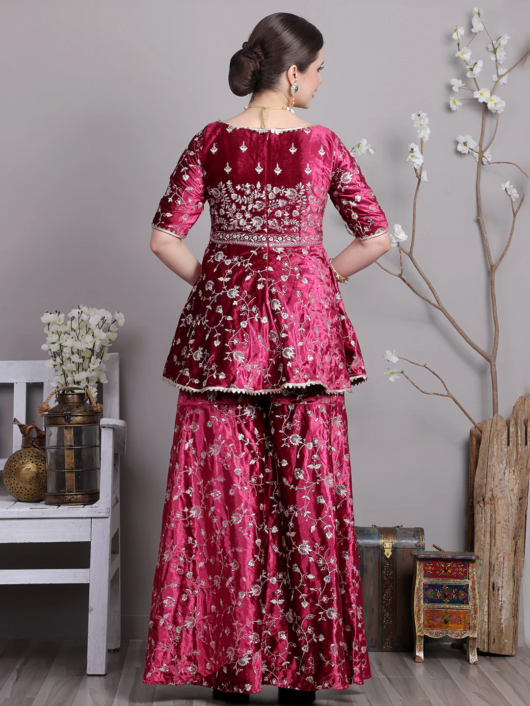 Bollywood Vogue Ready To Wear Classic Top With Velvet Embroidered Sharara Suit - Image 5