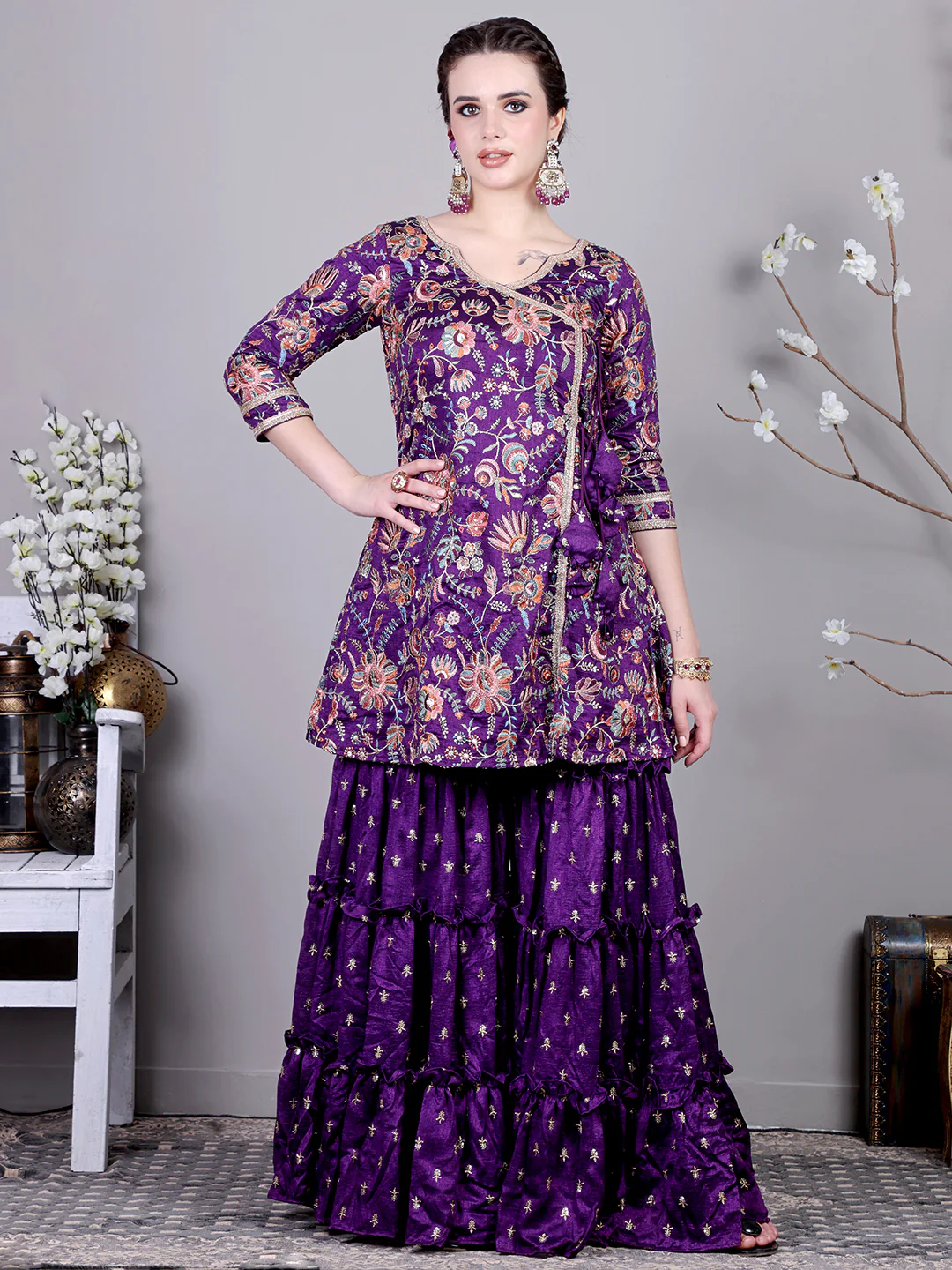 Bollywood Vogue Ready To Wear Classic Top With Purple Art Silk Sharara Suit - Image 2