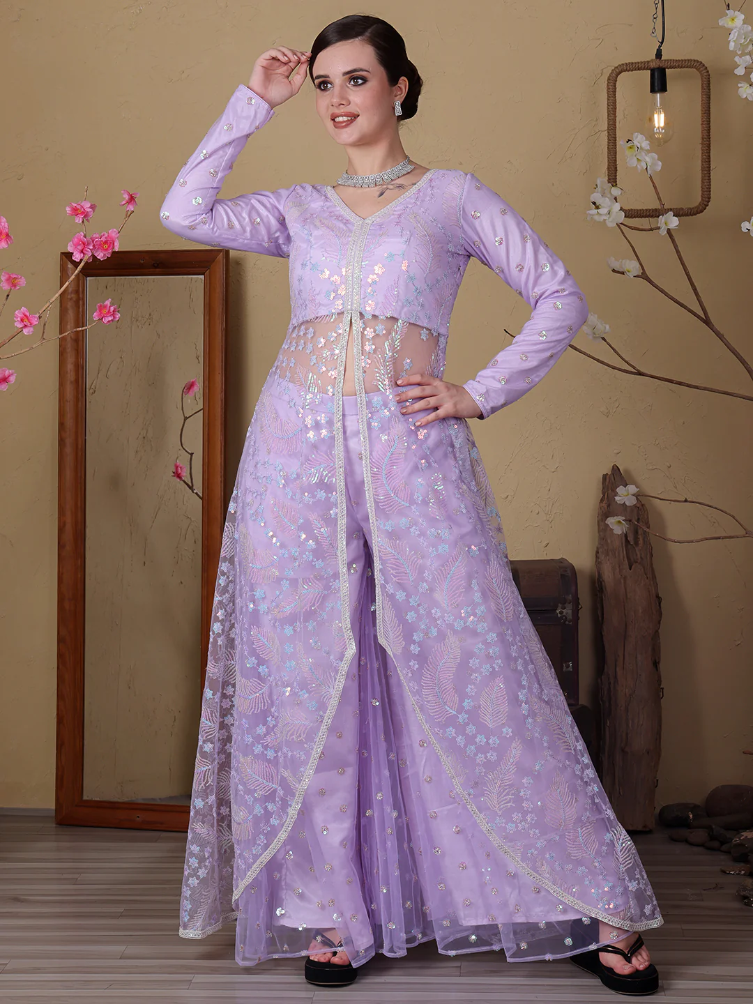 Bollywood Vogue Ready To Wear Chic Top With Net Embroidered Anarkali Palazzo Suit - Image 2